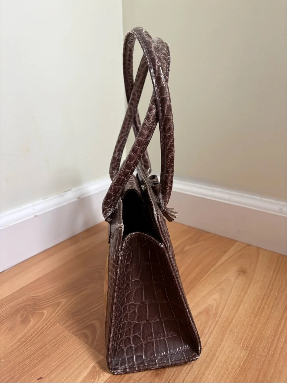 Vintage Liz Claiborne Brown Floral Tapestry Satchel with Tassel